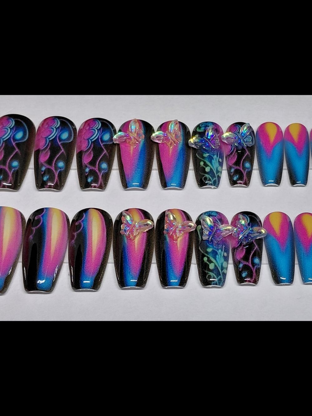 Vibrant Handmade Hard Gel Press-On Nails with 3D Butterfly Accents